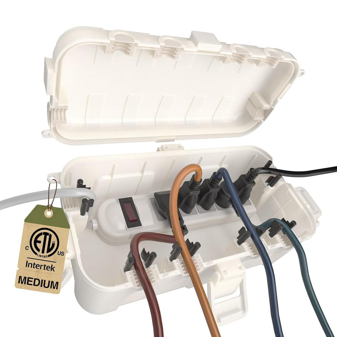 Flemoon Medium Outdoor Electrical Box (11.5x5.2x4 inch), IP54 Waterproof Extension Cord Cover w/6 Cable Entry Ports, Weatherproof Connection Box for Power Strip, Timer, Plug, Holiday Lights, White