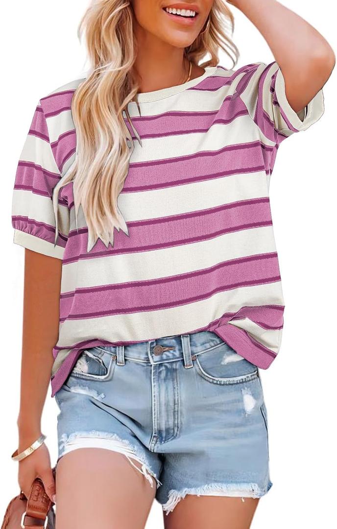 Dokotoo Spring Tops for Women Holiday Striped Color Block Short Sleeve Shirts Crewneck Summer Casual Loose Cozy Basic Fashion T-Shirts Cute Ladies Tee Blouses Vacation Cruise Outfits, Pink, XX-Large