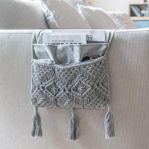 Mkono Macrame Couch Organizer Remote Control Caddy Sofa Armrest Armchair Bedside Storage Holder Bag for TV Remote, Magazine, Books, Cell Phone, iPad, Boho Living Room Home Dorm Decor, Grey
