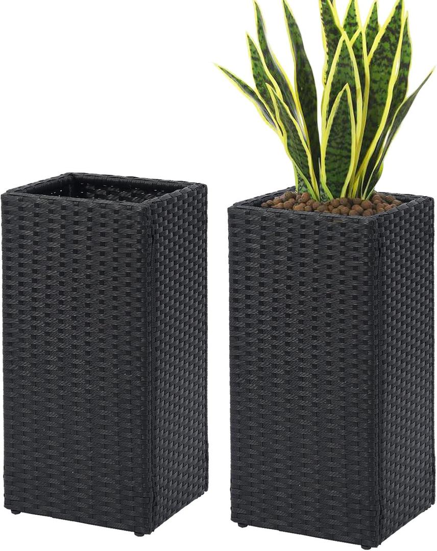 SUNNYPARK 2 Pack Tall Planters for Outdoor Plants Rattan Modern Tall Square Planter Box with Removable Liners Indoor Outdoor Porch Patio Flower Pot (12 x 12 x 24)