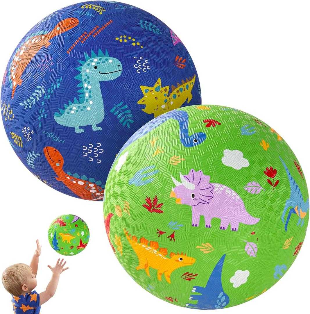 PlayZap 2 Pack Playground Balls for Toddlers, Dinosaur Kickballs for Kids 3-12, 8.5" Rubber Bouncy Balls with Pump, Indoor & Outdoor Dodgeball Toys for Boys & Girls Gifts (Green+blue Dinosaur)