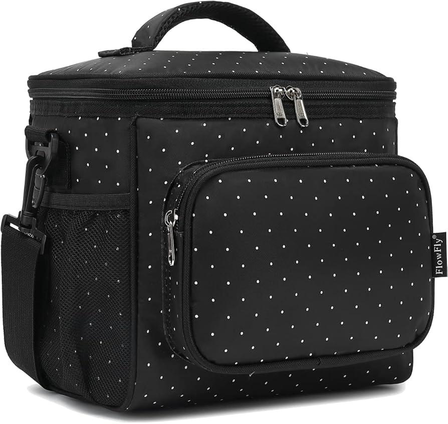 FlowFly Insulated Reusable Lunch Bag Adult Large Lunch Box for Women and Men with Adjustable Shoulder Strap,Front Zipper Pocket and Dual Large Mesh Side Pockets,Dot