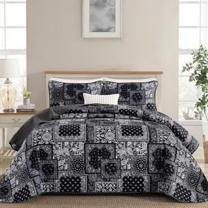 Cottolester Boho Patchwork Quilt Set King Size,Black Grey Bedspread,Paisley Floral Bedding Set Soft Microfiber Quilt with 2 Pillow Shams 110"x90"