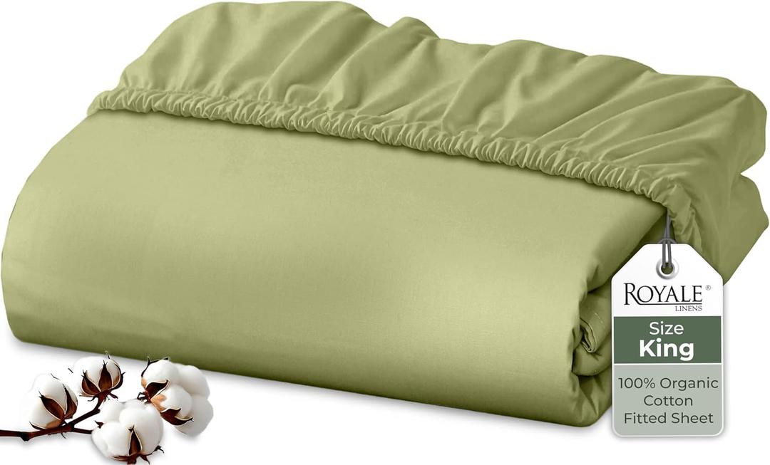 Royale Linens 100% Organic Cotton Fitted Sheet - Percale Weave - Super Soft Deep Pocket Bottom Sheets - Sage Green Elastic Sheet King Size - King Fitted Sheets Only - (78"x80"+15", Sage Green)