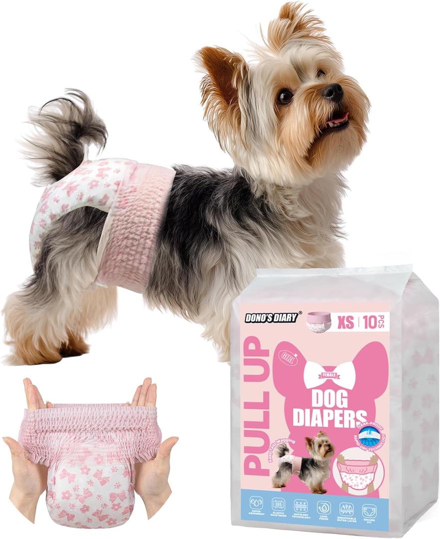 Dono Disposable Pull It Up Female Dog Diapers, 360 Stretchy Waist Puppy Diapers, Super-Absorbent Doggie Diapers with Rapid-Dry Technology Leak-Proof Design for Doggy in Heat Period, XS 40 Pcs