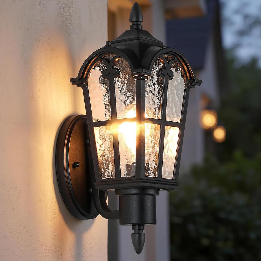 20’’ Extra Large Outdoor Wall Light Fixture, Exterior Wall Lantern Sconce | Waterproof, Rust-resistant, Matte Black, Water Ripple Glass, Quick & Easy Installation, Retro & Traditional