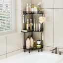 Consumest Corner Shower Caddy Standing - 3-Tier Stainless Steel Shower Organizer with Soap Holder and 4 Hooks, Large Capacity Corner Shelf Stand for Bathroom, Rest Room, Black