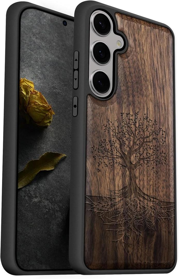 Carveit Wood Case for Galaxy S25 Case 2025 [Natural Wood & Black Soft TPU] Shockproof Protective Cover Unique Wooden Design Compatible with Samsung S25 (The Yin Yang Tree-Walnut)