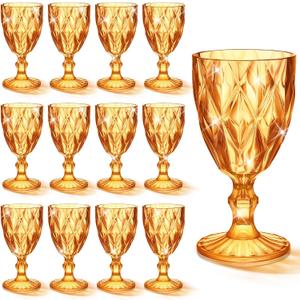 Tioncy 12 Pcs Plastic Drink Cooler Glasses Vintage Stemware Water Goblets 11 oz Unbreakable, Drink Cooler Glasses Bulk Reusable Party Drinking Cup Champagne Flute for Wedding Reception Shower Bar Birthday(Amber)