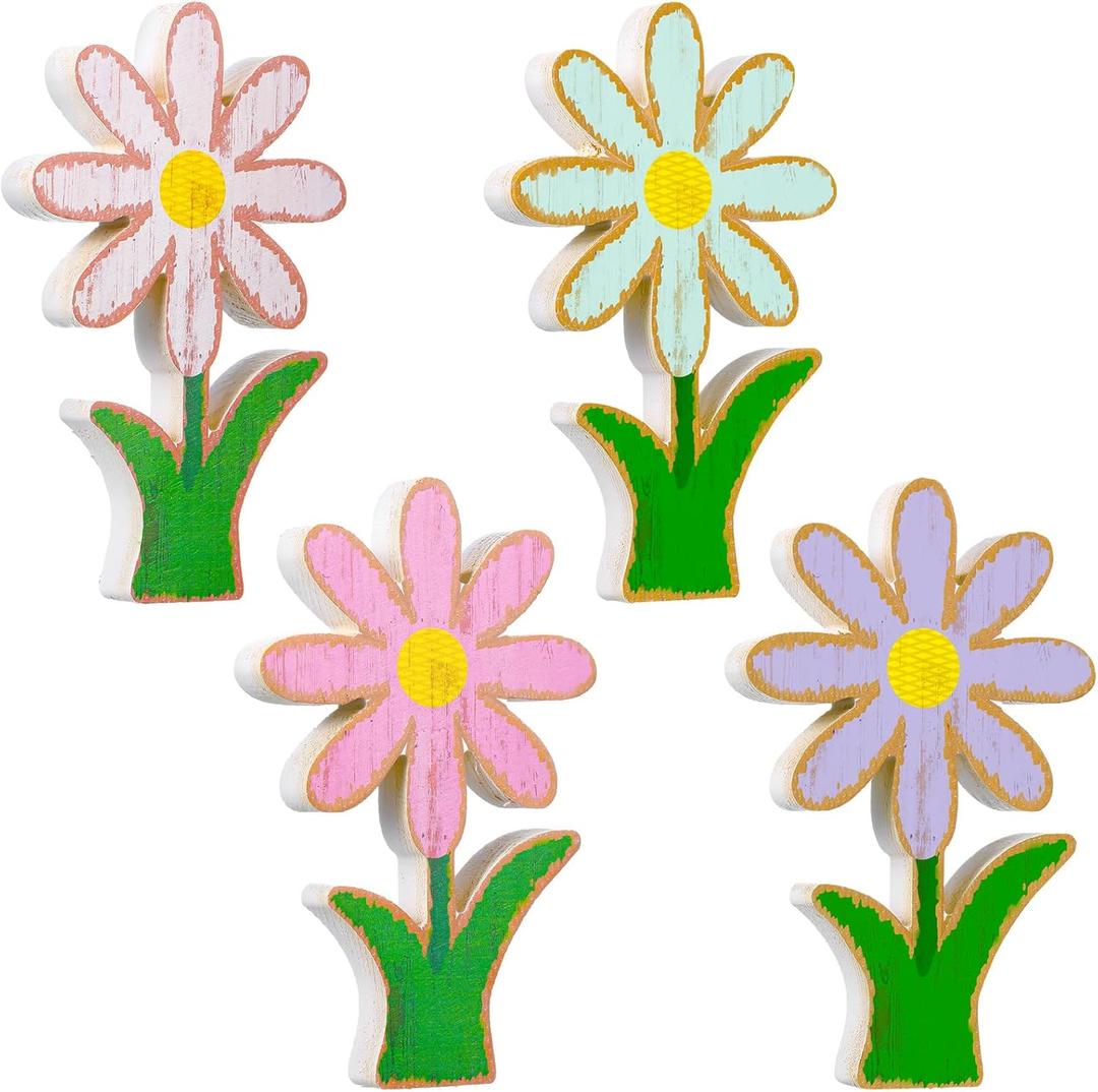 4 Pcs Wooden Flower Shelf Sitter Rustic Daisy Table Centerpieces Wooden Spring Decor for Tiered Tray Spring Decorations for Home Easter Party(Stylish Color)