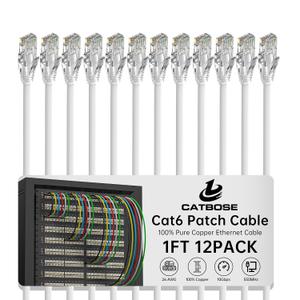 1 Foot Cat6 Patch Cables(12 Pack), Solid Pure Copper Patch Cord, Cat 6 Ethernet Cable, UTP Network, High Speed RJ45 Internet Cables, Compatible for Router, Switche, PC, Server, PS4/5, Xbox - White