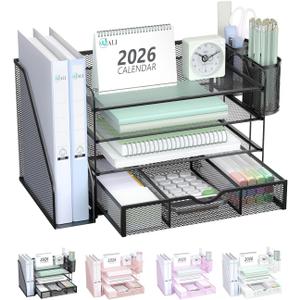 WALI Desk File Organizer, 4 Tier Desktop Paper Letter Tray Organizer with Drawer and 2 Pen Holders, Office Desk Accessories & Workspace Organizers for Office, Home Supplies(DO005DH-B), 1 Pack, Black