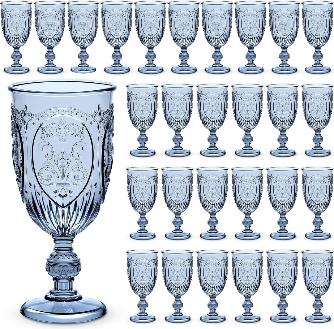 Wiwiqing 48 Pcs Plastic Goblets 7.5oz Vintage Goblet Plastic Wine Glasses Colored Retro Embossed Water Goblets for Wine Bar Juice Baby Shower Wedding Reception Grand Event Party (Blue)