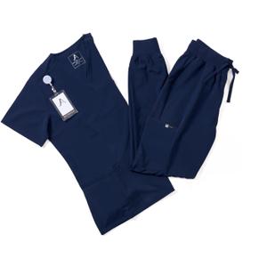 AprilBreeze Lite Medical Scrub Set with 9 Deep Pockets, 4-way Stretch Breathable V Neck Top, Yoga Waistband Jogger Pants (Navy, Large)