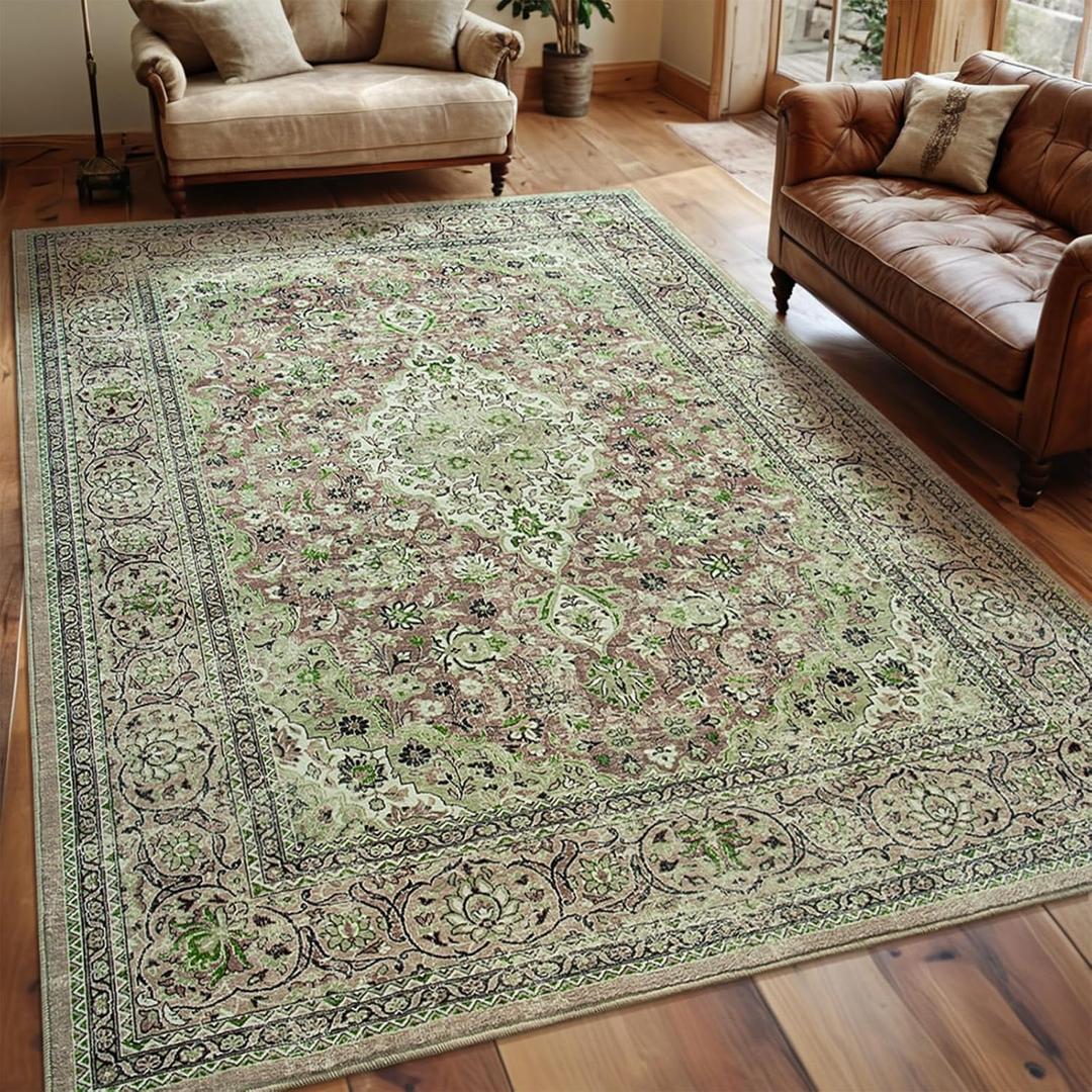 Washable Rug 4x6, Sage Green Area Rugs Non Slip, Indoor Low Pile Carpet with Rubber Backing for Living Room Kitchen Bathroom Entryway Office Bedroom (Green/Light Brown)