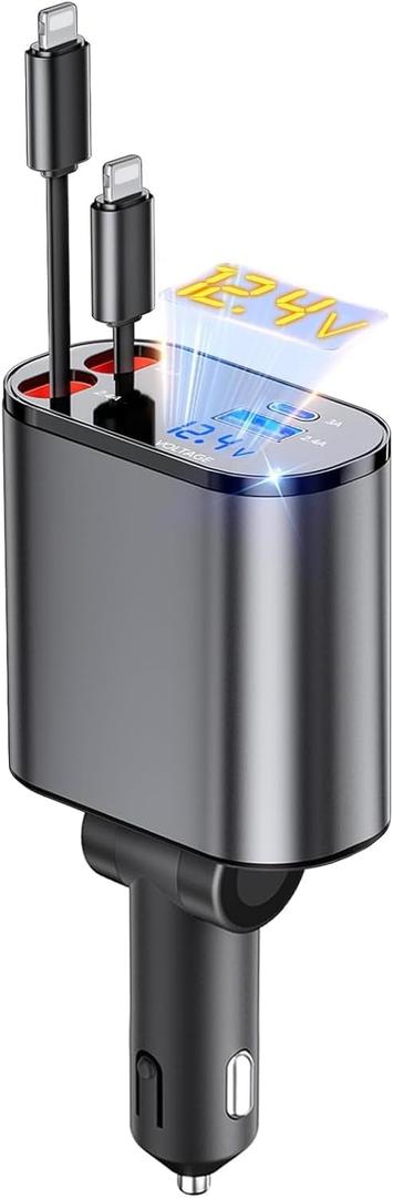 8 x Retractable Car Charger, 4 in 1 Fast Car Phone Charger 66W, 2 Retractable Cables and USB Charging, Fathers Day for Gifts Dad Compatible with iPhone 14/13/12/11,USB Port for Galaxy S25/S24/S23,Pixel