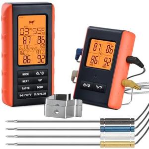Wireless Meat Thermometer for Grilling and Smoking, Food Thermometer for BBQ Smoker Oven Cooking Steak, Grill Thermometer for Outside Grill with 4 Meat Probes, Kitchen Timer