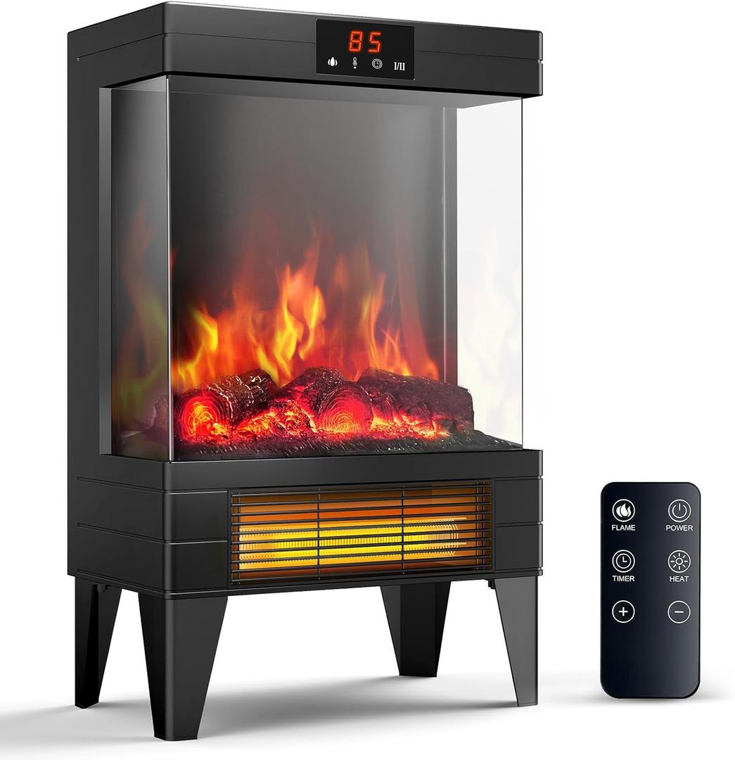 Electric Fireplace Stove Heater - Freestanding Fireplace Heater for Indoor Use with Realistic 3D Flame, Adjustable Thermostat & Remote, Quiet, Timer for Living Room and Bedroom (Classic Black)