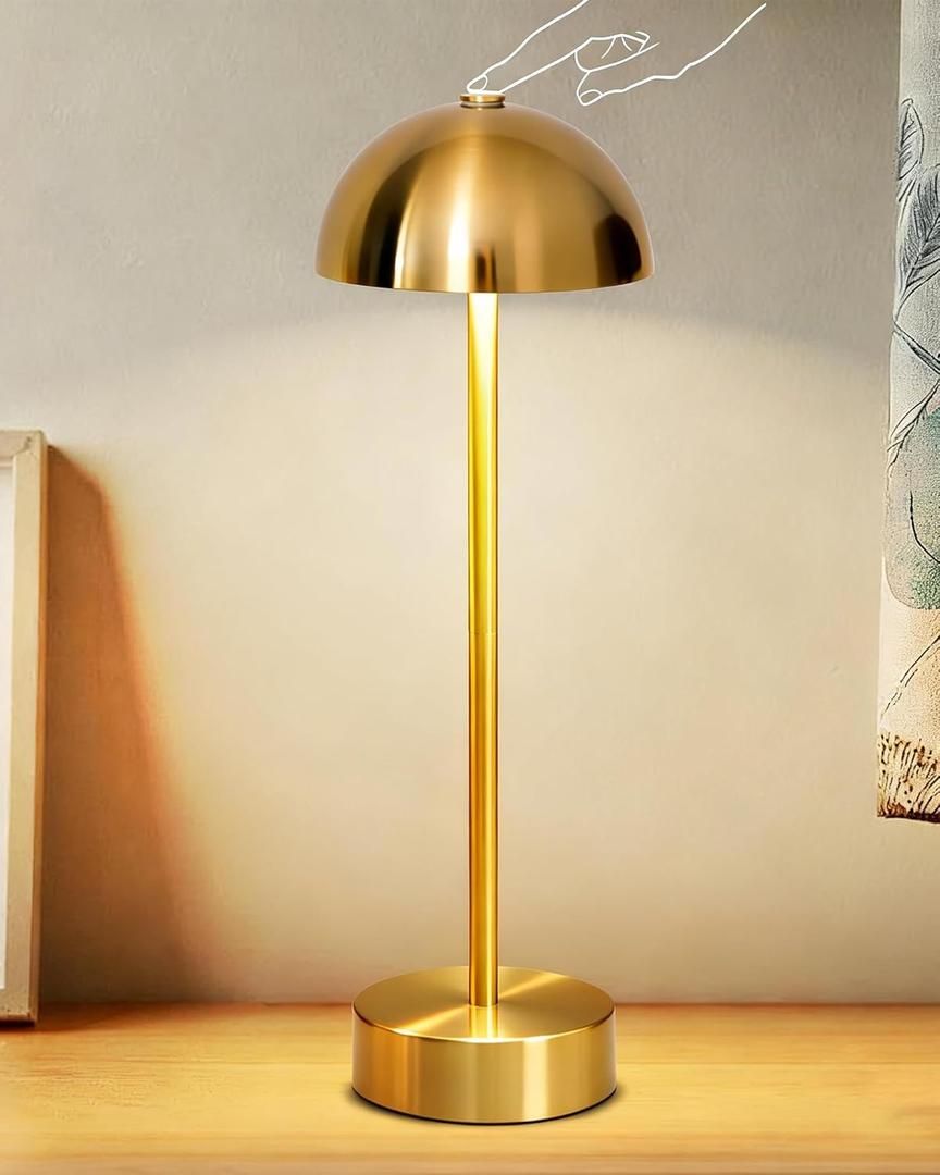 Cordless Table Lamp, Rechargeable Battery Operated Mushroom Lamp, 2-in-1 Adjustable Height, 3 Color Stepless Dimming, Brushed Metal LED Desk Lamp for Restaurant, Bedroom, Patio, Gold
