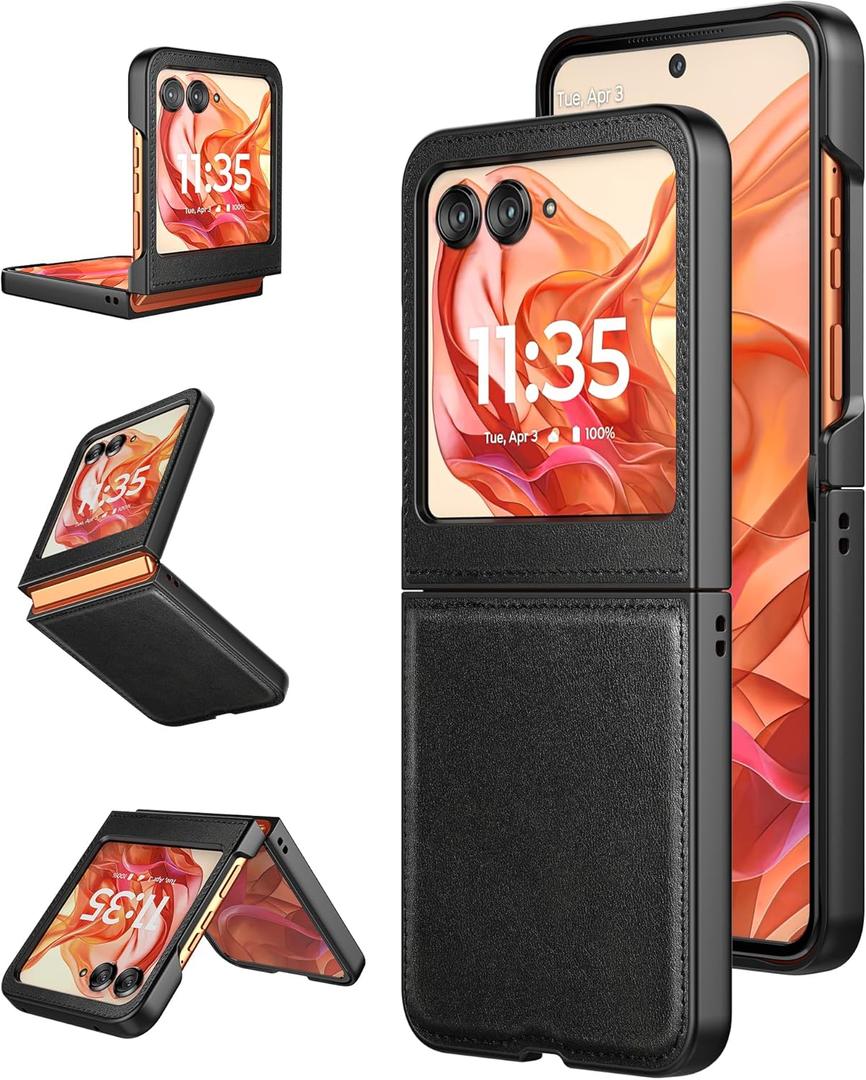 Foluu for Motorola Razr 2024/2025 Case, Leather + Hard PC Shell Ultra Thin Slim Durable Protective Phone Case Cover (Black)