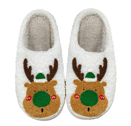 Afellicy Christmas Slippers Reindeer Slipper for Women Elk Holiday Slipper Cute Xmas Moose Shoe Indoor Bedroom Fluffy Cartoon Warm Fleece Shoes Winter Soft Cozy Home Green Size 7 8