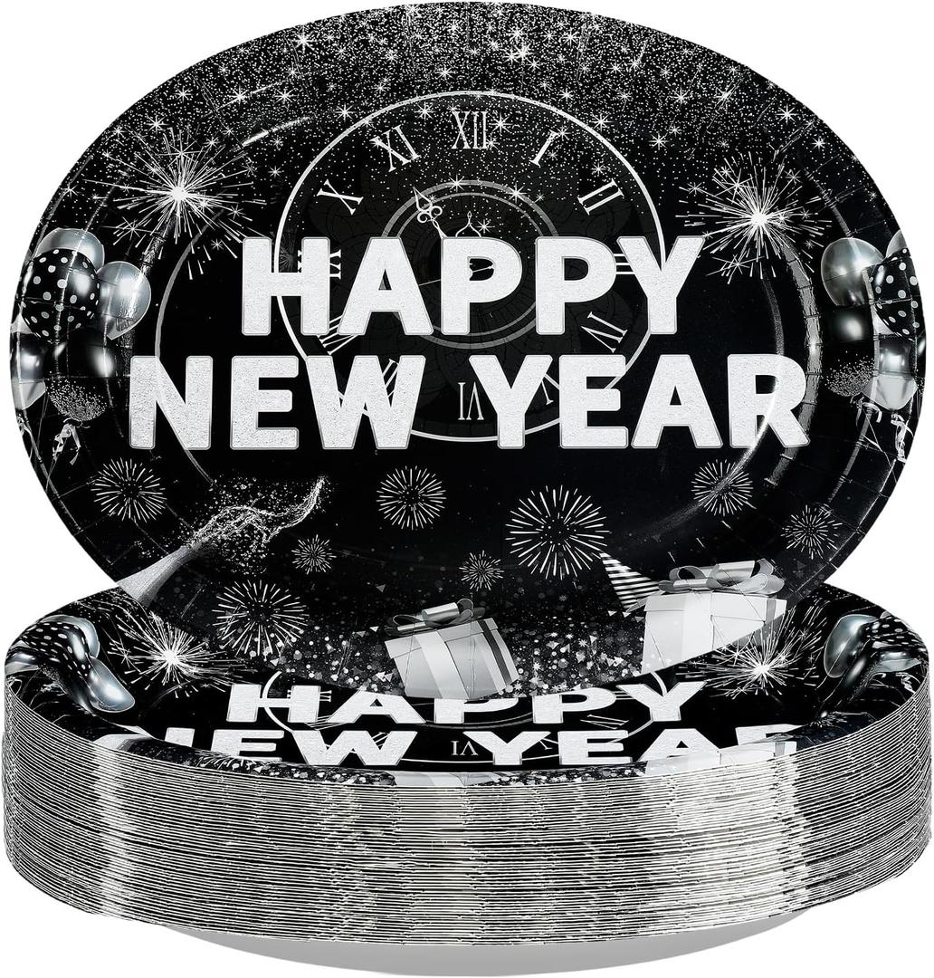 50Pcs Happy New Year 2026 Oval Paper Plates 10" x 12" Large Disposable Heavy Duty New Year's Eve Party Plates Black Silver New Years Dessert Platters for 2026 New Years Eve Holiday Party Decorations