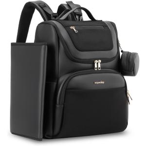 Large Leather Diaper Bag Backpack, Baby Travel Bag with Changing Pad, Insulated Pockets, Stroller Straps and Pacifier Case, Water-Resistant Diaper Bag for Mom and Dad, Black