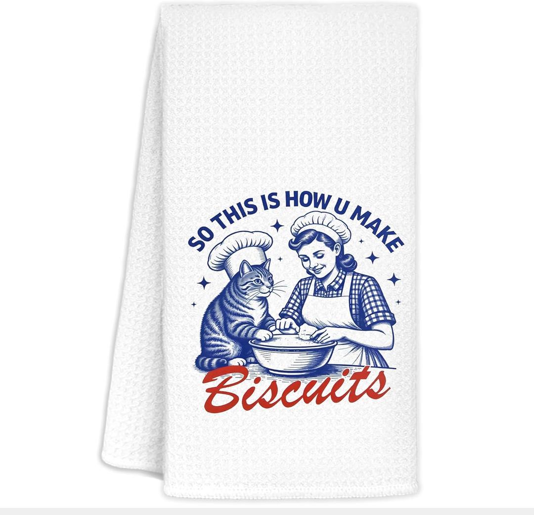 Funny Cat Baking Kitchen Towels, Gifts for Cat and Baking Lovers Bakers, So This is How You Make Biscuits Decorative Dish Tea Towels for Kitchen Bakers, 16x24 Inch