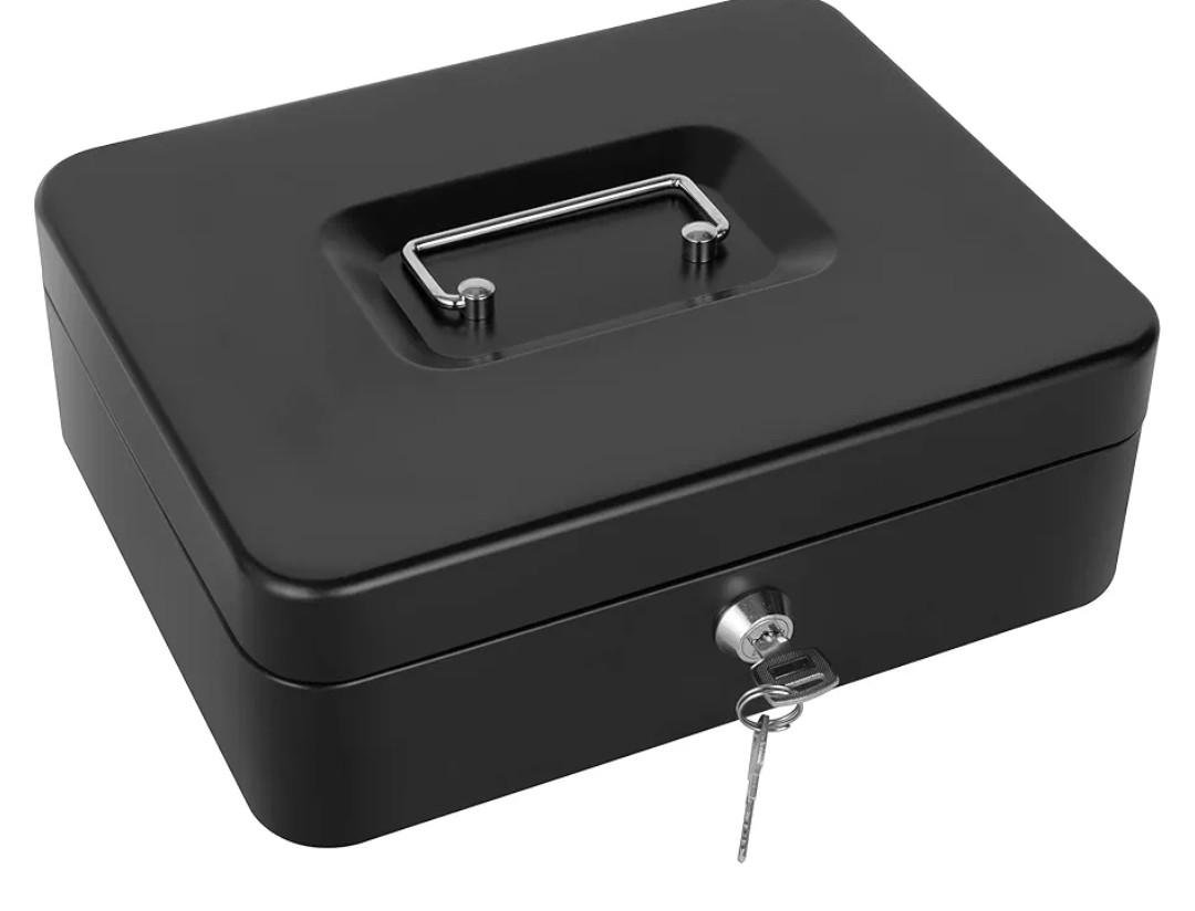 Cash Box with Lock and Money Tray Metal Money Box Large Cash Lock Box for Money 9.84" x 7.87" x 3.54" Black
