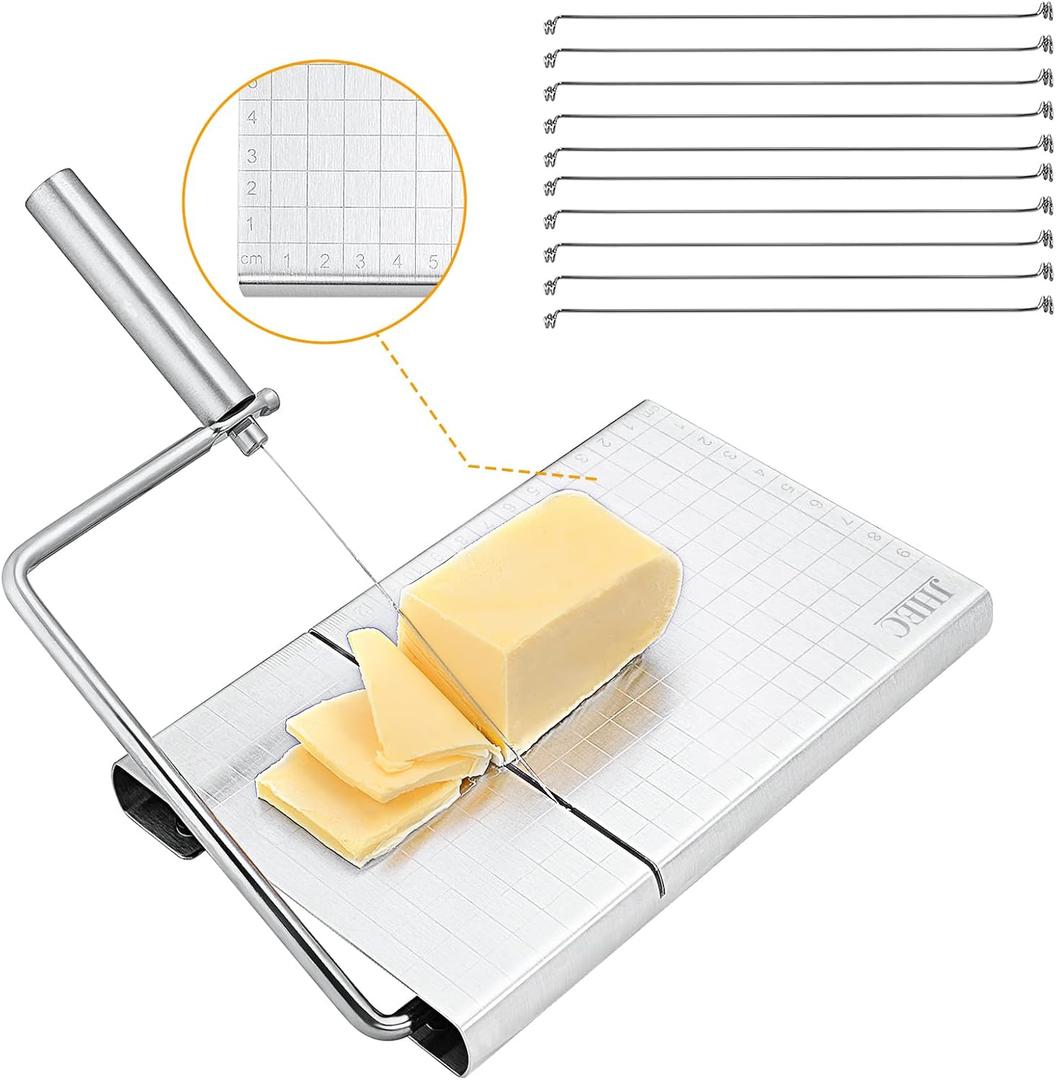 JHEC Cheese Slicer with 10 Replacement Wires - Stainless Steel Cheese Cutter for Soft Cheese Blocks - Kitchen Cheese Cutting Tool