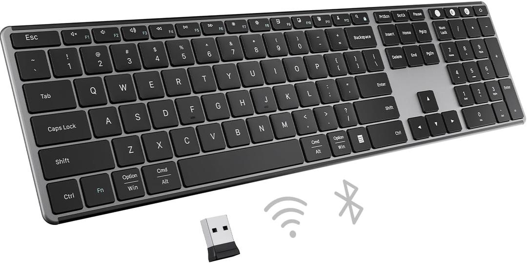 AUSDOM 2.4G Wireless Bluetooth Keyboard Full Size, Quiet Slim Multi-Device Rechargeable Cordless QWERTY Keyboard with Number Pad, Low Profile Silent Flat Universal Keyboards for Computer/Mac/Windows (Black Grey)