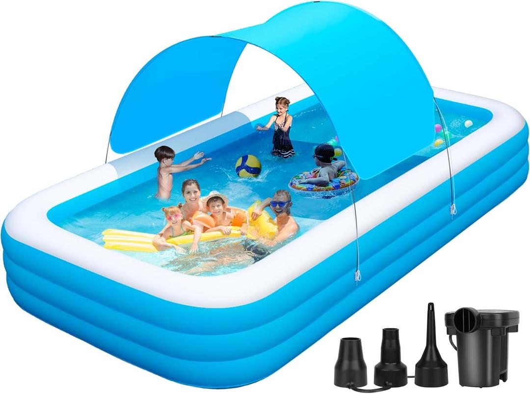 Large Inflatable Pool with Canopy, 145'' x 74'' x 22'' Inflatable Swimming Pool for Adults, Oversized 0.6MM Thickened Family Blow Up Pool for Backyard, Garden and Outdoor Fun