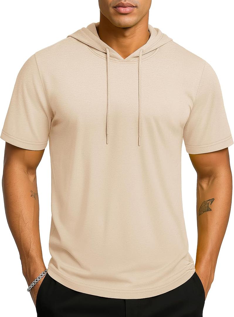 TACVASEN Short Sleeve Hoodies for Men Cotton Hoodies Summer Sweatshirt Lightweight Breathable Workout Shirts Pullover (Beige, XXL)