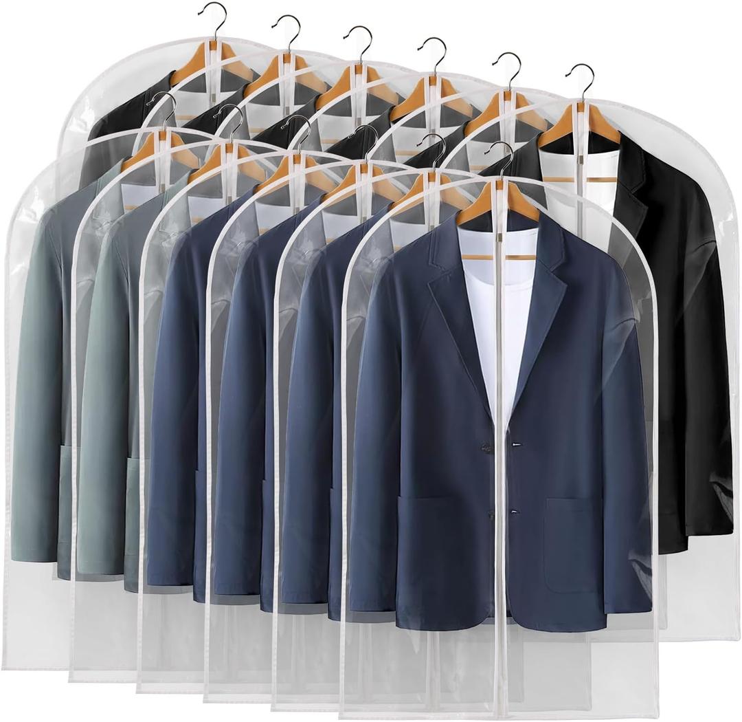 40" All Clear Garment Bags for Hanging Clothes, 12 Packs Suit Bags for Closet Storage, Plastic Waterproof Suit Cover Bags with Zipper for Coats, Jackets, Shirts (Set of 12) (24'' x 40'')