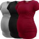 Smallshow Women's Maternity Tops Side Ruched Tunic T-Shirt Pregnancy Clothes (XX-Large, Black/Light Grey/Red)