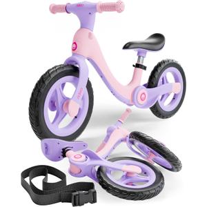 Rideo Folding Kids Balance Bike | Safety First 12" Toddler Bike for Boys & Girls 3 to 5 Years Old | Push Bike with Carry Strap (Pink-Purple)