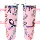 40 oz Breast Cancer Awareness Tumbler Gifts for Woman 40oz Laser Engraving Glitter Pink Ribbon Tumbler with Lid Straw Double Insulated Stainless Steel Insulated Cup