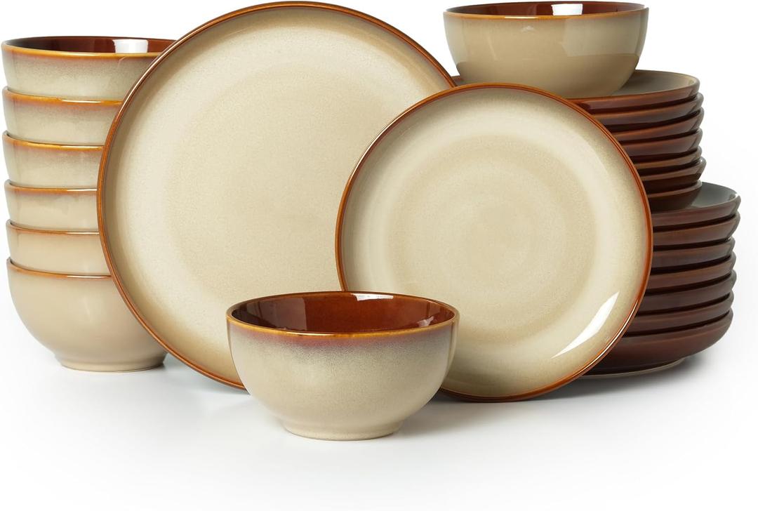 Pokini Ceramic Dishes Set, 9 Piece Stoneware Dinnerware Sets, Chip and Scratch Resistant, Easy to Stack & Clean, Modern Rustic Look, Brown Yellow