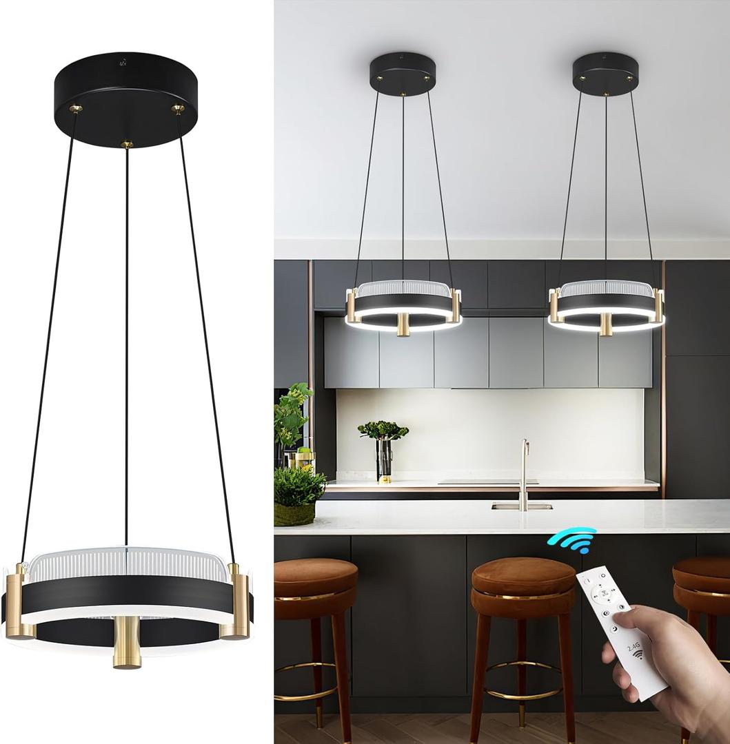 Modern LED Chandeliers 12W Black Gold 1 Ring Chandelier 3000K-6000K Pendant Lighting with Remote Control Hanging Chandelier for Kitchen Island Living Room Bedroom Foyer2-Pack