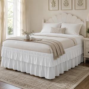 RIMELA Ruffle Bed Skirt White King 16 Inch Drop, Elastic Wrap Around Bed Skirts King Size, Easy to Install Dust Ruffle, Machine Washable Soft Fabric, Multi Ruffle Bedskirt, King/CalKing-16" Drop