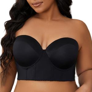 SEA BBOT Women Longline Strapless Bra Full Coverage Corset Bra Hide Back Fat (38DDD, Black)