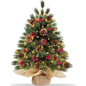 Realistic-Feel PE 24 Inch/2FT Small Tabletop Christmas Tree with Timer 40 Lights Battery Powered Cedar Norfolk Pine Tree 30 Red Berry 10 Pinecones Artificial Xmas Mini Xmas Tree Table Indoor Decor