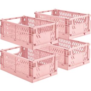 4-Pack Small Pastel Plastic Storage Baskets, Collapsible Crates for Organizing, Space-Saving Mini Bins for Classroom, Kitchen, Office, Bedroom (Pink, 9.8" x 6.5" x 3.8"Medium)
