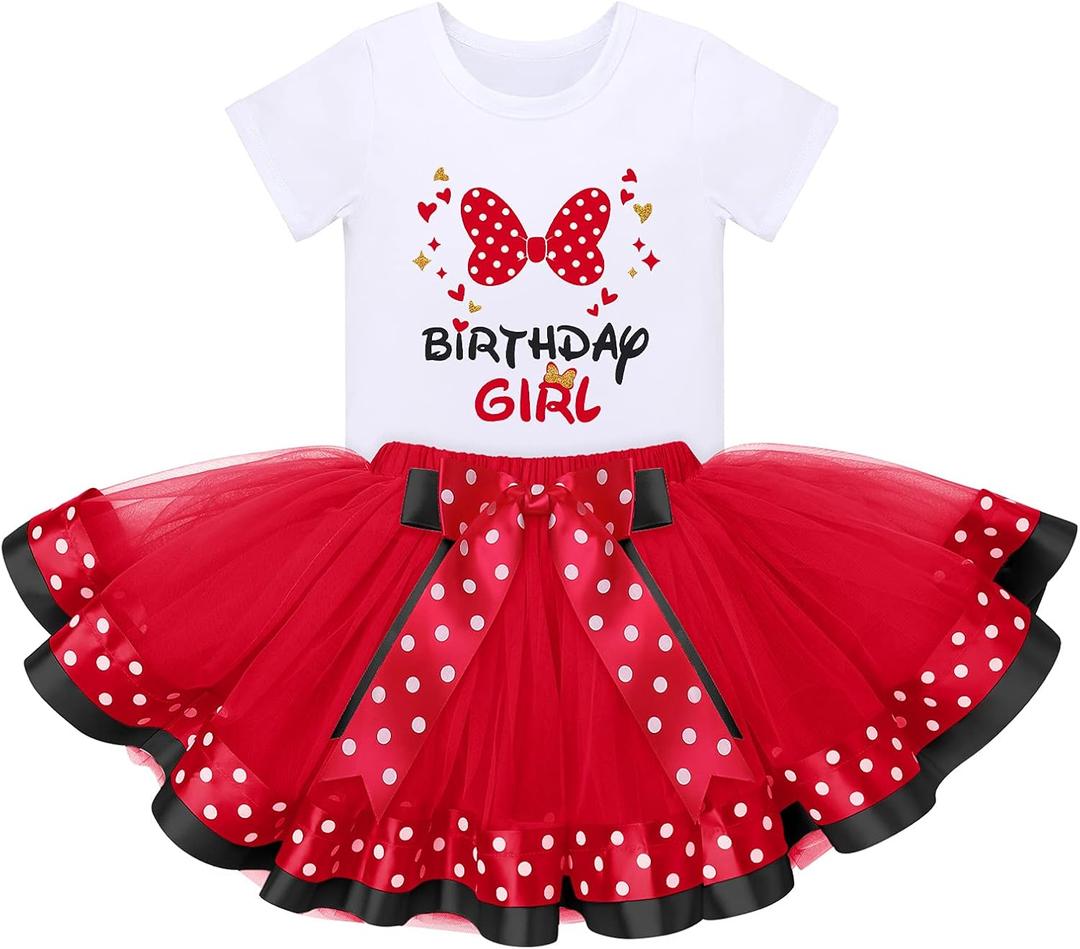 IDOPIP 3rd Birthday Girl Outfit Baby Shirt Polka Dots Tutu Skirt Ear Headband for 3 Year Old Princess Cake Smash Photo Prop (5T)