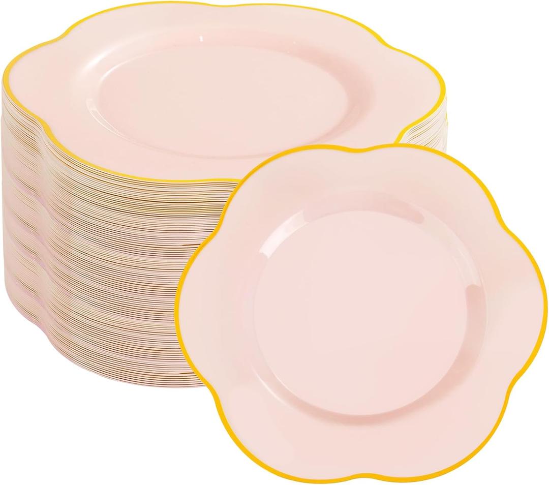 Liacere 100PCS Pink Plastic Plates - Plastic Dinner Plates - Floral Disposable 10inch Heavy Duty Pink and Gold Dinner Plates, Perfect for Wedding & Party & Mothers Day