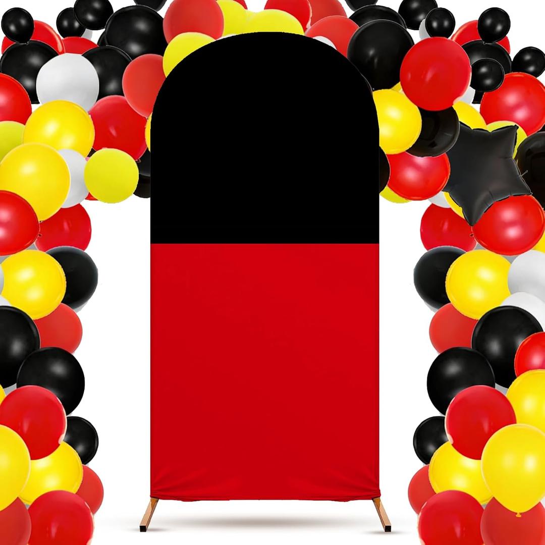 6 x 3.3 Ft Cartoon Mouse Birthday Decorations Spandex Red Black Cartoon Arch Cover Double Sided Backdrop for Cartoon Theme Birthday, Baby Shower, Photography (Frame and Balloons Not Included)