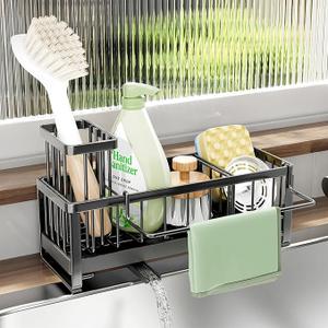 Kitsure Sponge Holder for Kitchen Sink - Rustproof Stainless Steel Sink Caddy Organization and Storage Essentials with High Brush Holder, Home Decor Accessories, 7.9" x 3.7" x 6.2", Sliver (Silver)