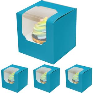 qiqee Lake Blue Cupcake Boxes Individual Cupcake Container 60pcs 3.5" x 3.5" x 3.5" Auto-Pop up Single Cupcake Boxes (60 Boxes+60 Inserts)
