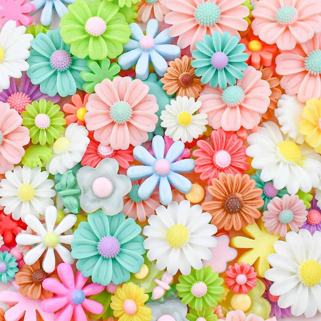 100 Flatback Resin Daisy Flowers for Craft DIY Flower Cabochons for Jewelry Making Scrapbooking Embellishments Mixed Color Sunflower Resin Slime Charms Hair Clip Phone Case Decor
