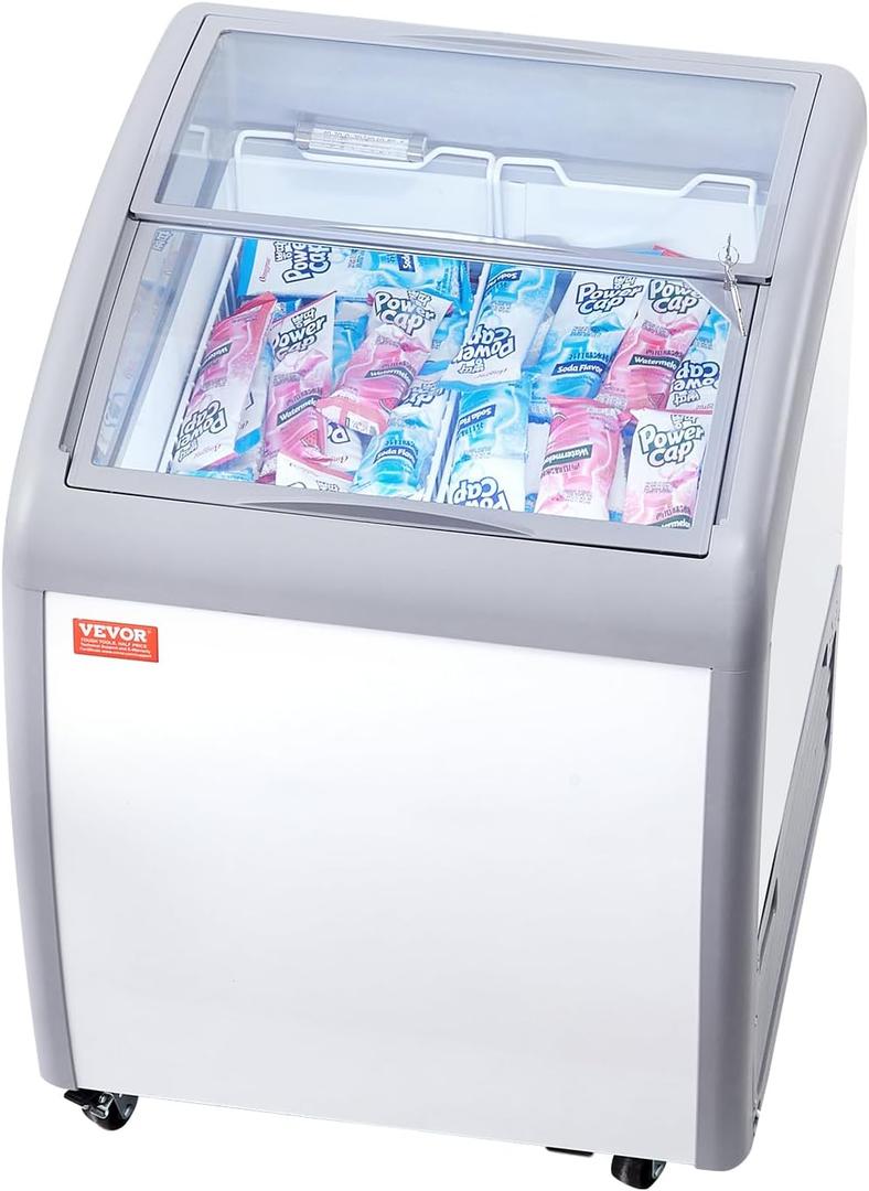 VEVOR Commercial Ice Cream Display Case, 5.4 Cu.ft Chest Freezer, Mobile Glass Top Deep Freezer, Restaurant Gelato Dipping Cabinet with 2 Wire Baskets, 2 Sliding Glass Doors, Locking Casters, White